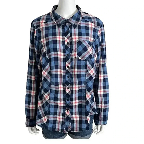 Torrid Blue Pink Plaid Women's Button Up Long Sleeve Shirt Top 1X - Picture 1 of 7
